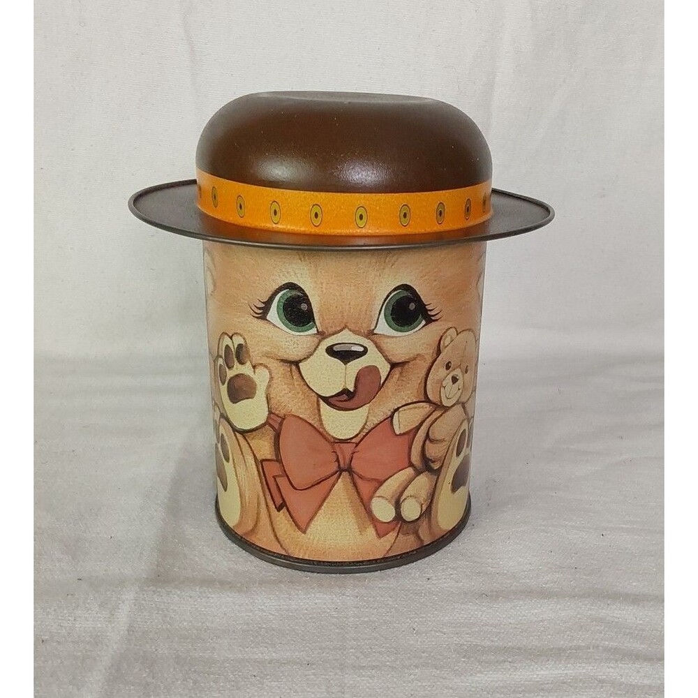 Vintage teddy bear tin can with lid shaped as a hat. spice / tea can